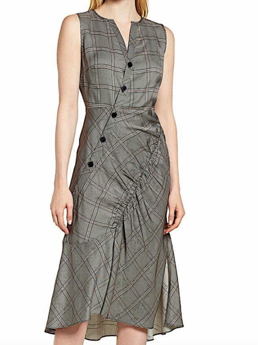 Lewit Plaid Asymmetrical Button Midi Dress - Size 10